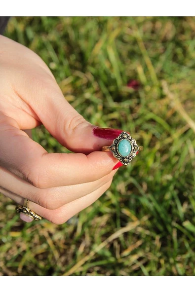 Doğal Taş Amazonit Doğal Taşlı Antik Ayarlanabilir Kadın Yüzük euy20a2 - Resim 3