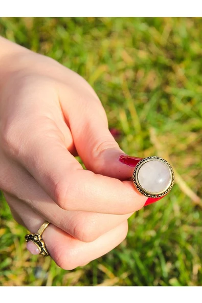 Doğal Taş Pembe Kuvars Yuvarlak Doğal Taşlı Ayarlanabilir Antik İşlemeli Yüzük dtbypk - Resim 3