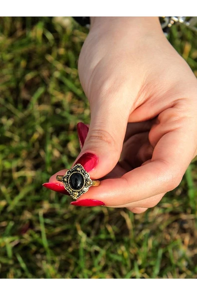 Doğal Taş Oniks Doğal Taşlı Antik Ayarlanabilir Kadın Yüzük euy20o2 - Resim 3