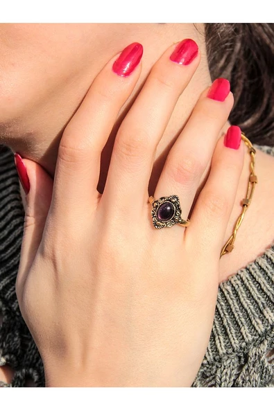 Doğal Taş Ametist Doğal Taşlı Antik Ayarlanabilir Kadın Yüzük euy20at2 ürün görseli