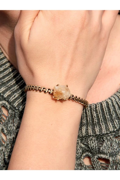 Doğal Taşlı Sitrin Doğal Taş Ayarlanabilir Kadın Bileklik eub1s - Resim 3