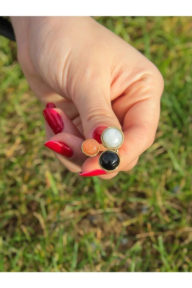 Doğal Taş 3'lü Doğal Taşlı Ayarlanabilir Kadın Yüzük Güneş Taşı Aytaşı Oniks euy17gao - Resim 3