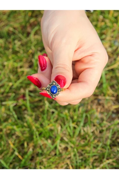 Doğal Taş Lapis Doğal Taşlı Antik Ayarlanabilir Kadın Yüzük euy20l2 - Resim 3