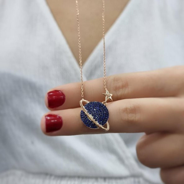 Gezegen Mavi Taşlı Gold Kaplama 925 Ayar Zirkon Taşlı Gümüş Kolye - 2