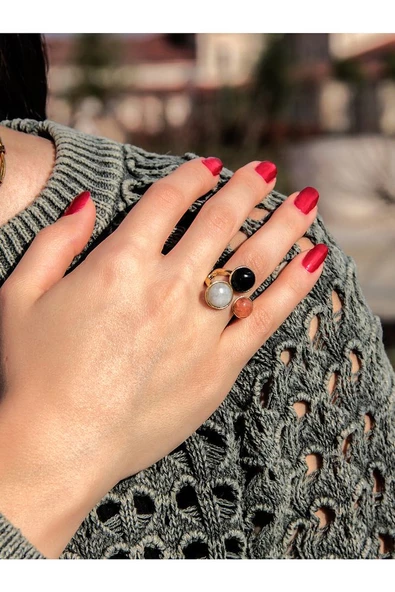 Doğal Taş 3'lü Doğal Taşlı Ayarlanabilir Kadın Yüzük Güneş Taşı Aytaşı Oniks euy17gao - Resim 2