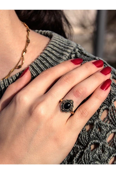 Doğal Taş Oniks Doğal Taşlı Antik Ayarlanabilir Kadın Yüzük euy20o2 - Resim 2