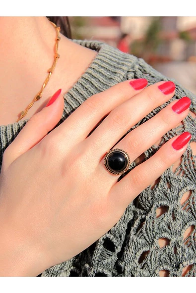 Doğal Taş Oniks Yuvarlak Doğal Taşlı Ayarlanabilir Antik İşlemeli Yüzük dtbyo - Resim 2