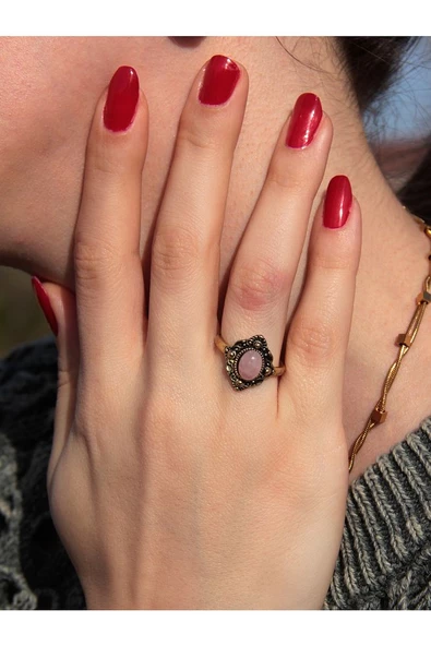 Doğal Taş Pembe Kuvars Doğal Taşlı Antik Ayarlanabilir Kadın Yüzük euy20pk2 ürün görseli