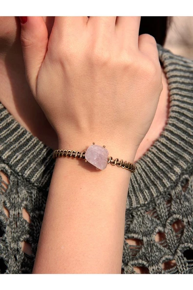 Doğal Taşlı Pembe Kuvars Doğal Taş Ayarlanabilir Kadın Bileklik eub1pk - Resim 2
