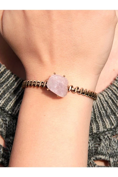 Doğal Taşlı Pembe Kuvars Doğal Taş Ayarlanabilir Kadın Bileklik eub1pk - Resim 3