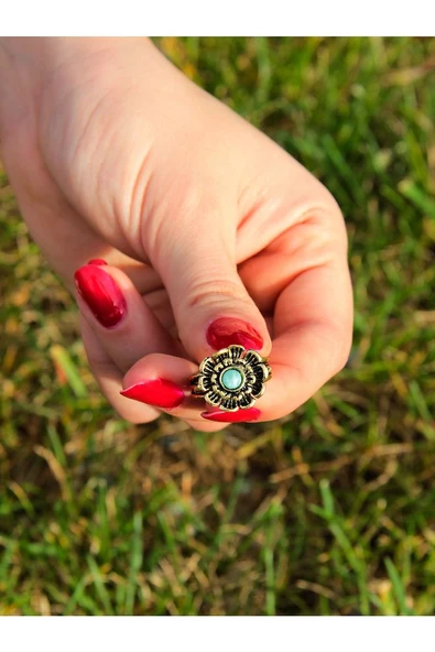 Doğal Taş Amazonit Doğal Taşlı Otantik Çiçek Model Kadın Ayarlanabilir Yüzük euy14az - Resim 3