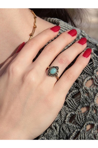 Doğal Taş Amazonit Doğal Taşlı Antik Ayarlanabilir Kadın Yüzük euy20a2 - Resim 2