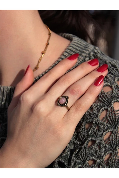 Doğal Taş Pembe Kuvars Doğal Taşlı Antik Ayarlanabilir Kadın Yüzük euy20pk2 - Resim 2