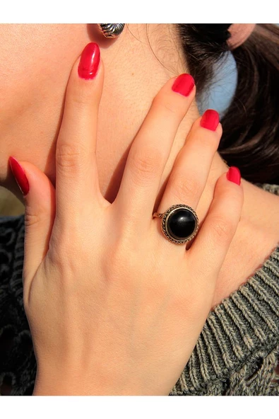 Doğal Taş Oniks Yuvarlak Doğal Taşlı Ayarlanabilir Antik İşlemeli Yüzük dtbyo ürün görseli