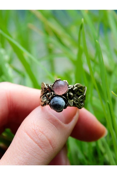 İkili Doğal Taşlı Çiçek Motifli Antik Kadın Ayarlanabilir Yüzük Dentirit Opal Pembe Kuvars euy22dopk - Resim 3