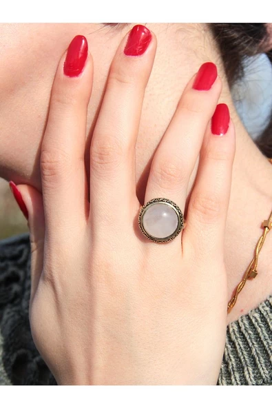 Doğal Taş Pembe Kuvars Yuvarlak Doğal Taşlı Ayarlanabilir Antik İşlemeli Yüzük dtbypk ürün görseli