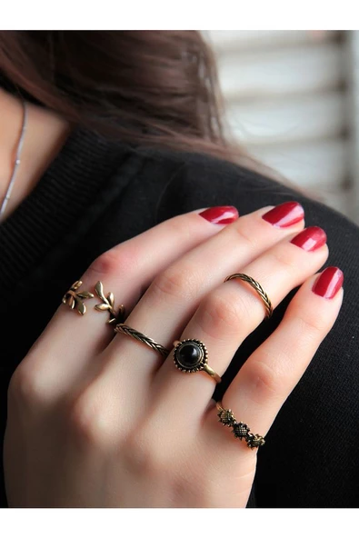 5'li Ayarlanabilir Eklem Yüzük Seti Oniks Doğal Taşlı euy232 - Resim 2