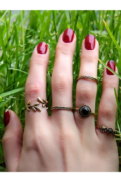 5'li Ayarlanabilir Eklem Yüzük Seti Oniks Doğal Taşlı euy232 - Resim 3