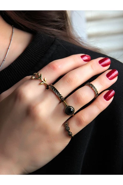 5'li Ayarlanabilir Eklem Yüzük Seti Oniks Doğal Taşlı euy233 - Resim 2