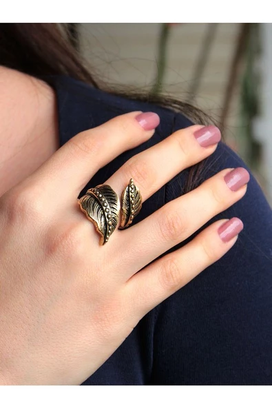 Trend Yaprak Model Antik Eskitme Ayarlanabilir Kadın Yüzük euy1240 - Resim 2