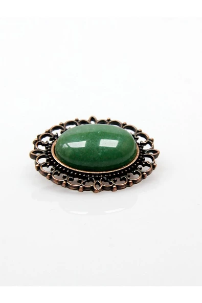 Doğal Taş Yeşil Akik Doğal Taşlı Antik Broş Yaka İğnesi Eşarp İğnesi - 2