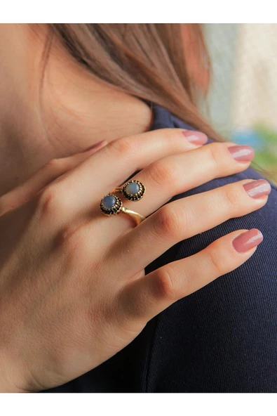 Doğal Taş İkili Apatit Doğal Taşlı Ayarlanabilir Yüzük - Resim 2