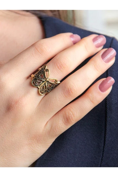Trend Kelebek Figürlü Antik Eskitme Ayarlanabilir Yüzük euy1237 - Resim 2