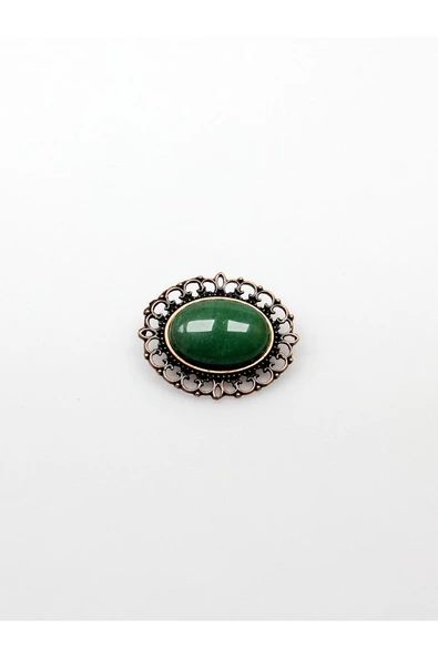 Doğal Taş Yeşil Akik Doğal Taşlı Antik Broş Yaka İğnesi Eşarp İğnesi - 3