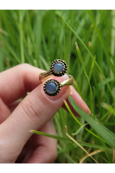 Doğal Taş İkili Apatit Doğal Taşlı Ayarlanabilir Yüzük - Resim 3