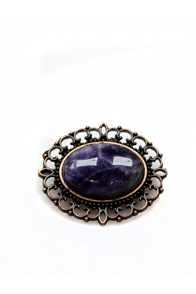 Doğal Taş Ametist Doğal Taşlı Antik Broş Yaka İğnesi Eşarp İğnesi euia - 3