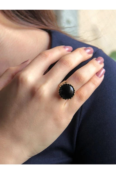 Doğal Taş Oniks Doğal Taşlı Desenli Ayarlanabilir Yuvarlak Kadın Yüzük euy27o - Resim 2