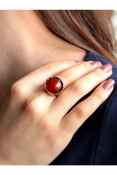 Doğal Taş Akik Doğal Taşlı Desenli Ayarlanabilir Yuvarlak Kadın Yüzük euy27a - Resim 2