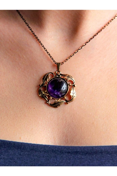 Doğal Taş Ametist Doğal Taşlı Otantik Kadın Yuvarlak Kolye 45 Cm Zincirli ürün görseli
