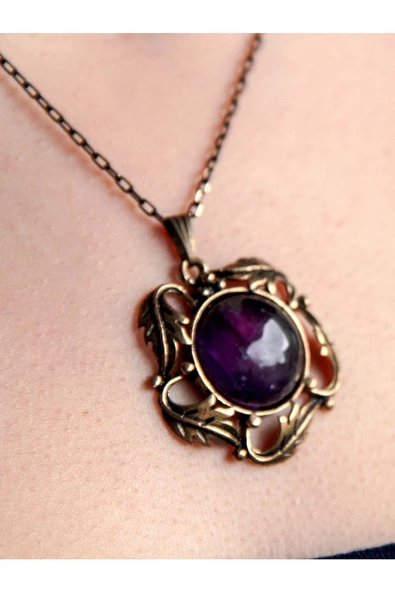 Doğal Taş Ametist Doğal Taşlı Otantik Kadın Yuvarlak Kolye 45 Cm Zincirli - Resim 4