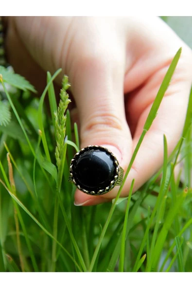 Doğal Taş Oniks Doğal Taşlı Desenli Ayarlanabilir Yuvarlak Kadın Yüzük euy27o - Resim 3