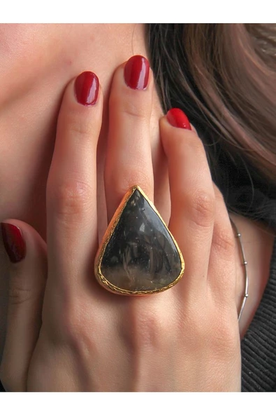 Doğal Taş Akik Doğal Taşlı Altın Kaplama Ayarlanabilir Kadın Yüzük eouy1ka - Resim 10