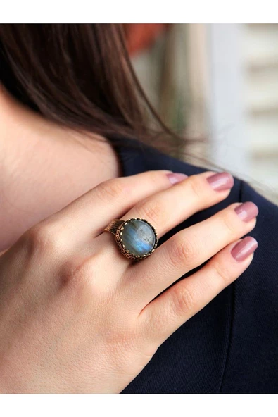 Doğal Taş Labradorit Doğal Taşlı Desenli Ayarlanabilir Yuvarlak Kadın Yüzük euy27lt - Resim 2