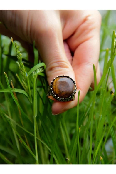 Doğal Taş Kaplangözü Doğal Taşlı Desenli Ayarlanabilir Yuvarlak Kadın Yüzük euy27k - Resim 3
