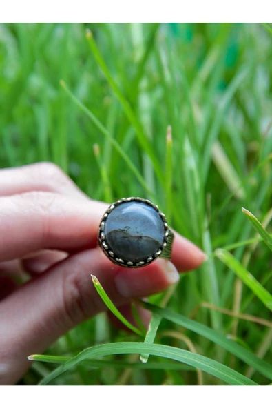 Doğal Taş Labradorit Doğal Taşlı Desenli Ayarlanabilir Yuvarlak Kadın Yüzük euy27lt - Resim 3