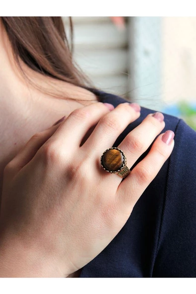 Doğal Taş Kaplangözü Doğal Taşlı Desenli Ayarlanabilir Yuvarlak Kadın Yüzük euy27k - Resim 2