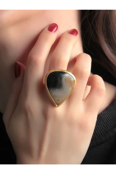 Doğal Taş Akik Doğal Taşlı Altın Kaplama Ayarlanabilir Kadın Yüzük eouy1ka - Resim 4