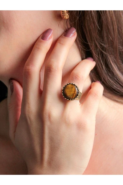 Doğal Taş Kaplangözü Doğal Taşlı Desenli Ayarlanabilir Yuvarlak Kadın Yüzük euy27k ürün görseli