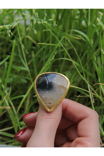 Doğal Taş Akik Doğal Taşlı Altın Kaplama Ayarlanabilir Kadın Yüzük eouy1ka - Resim 6