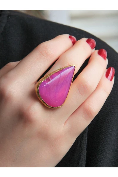 Doğal Taş Akik Doğal Taşlı Altın Kaplama Ayarlanabilir Kadın Yüzük eouy1ka - Resim 2