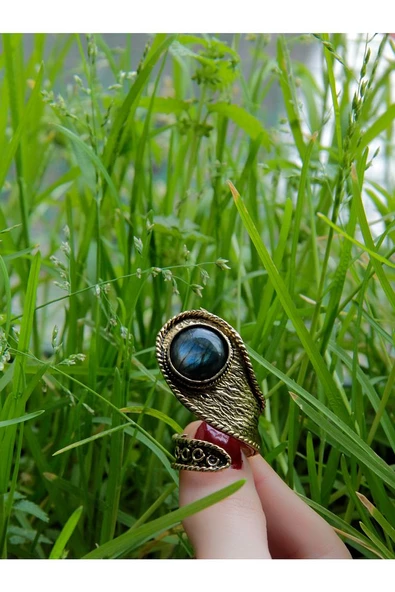 Doğal Taş Labradorit Yuvarlak Doğal Taşlı Ayarlanabilir Antik İşlemeli Yüzük euy31l - Resim 3