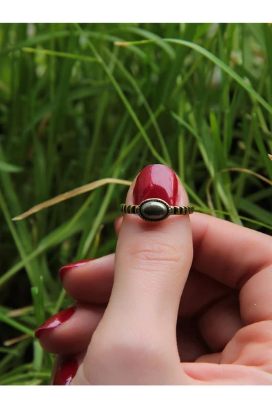 Doğal Taş Pirit Doğal Taşlı Antik Ayarlanabilir Kadın Yüzük - Resim 3