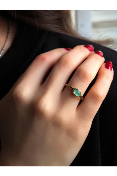 Doğal Taş Yeşil Akik Doğal Taşlı Antik Ayarlanabilir Kadın Yüzük euy30ya - Resim 2