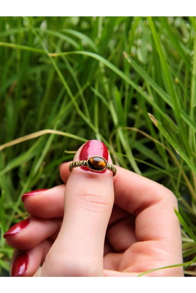 Doğal Taş Kaplangözü Doğal Taşlı Antik Ayarlanabilir Kadın Yüzük euy30k - Resim 3
