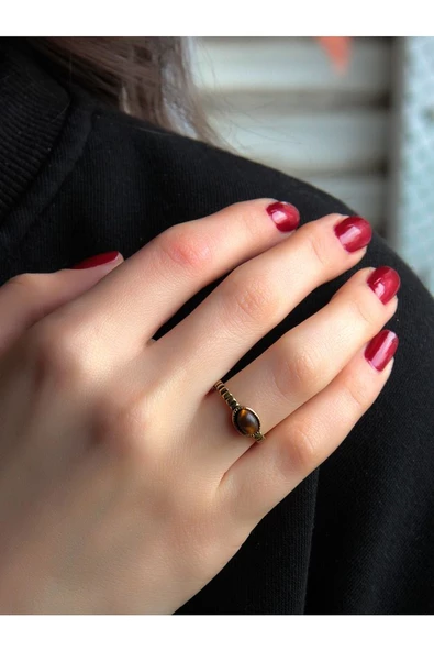 Doğal Taş Kaplangözü Doğal Taşlı Antik Ayarlanabilir Kadın Yüzük euy30k - Resim 2