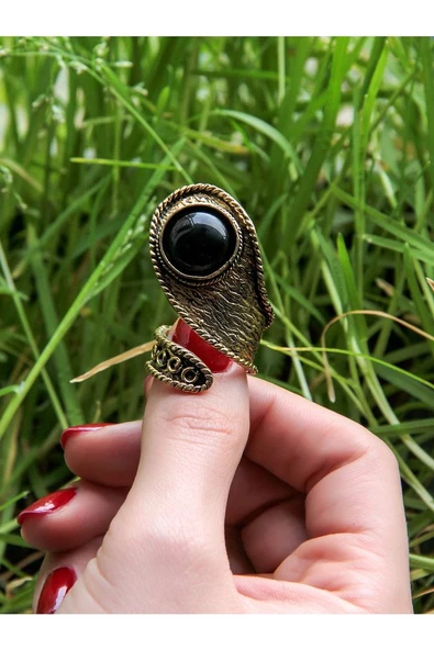 Doğal Taş Oniks Yuvarlak Doğal Taşlı Ayarlanabilir Antik İşlemeli Yüzük euy31o - Resim 3